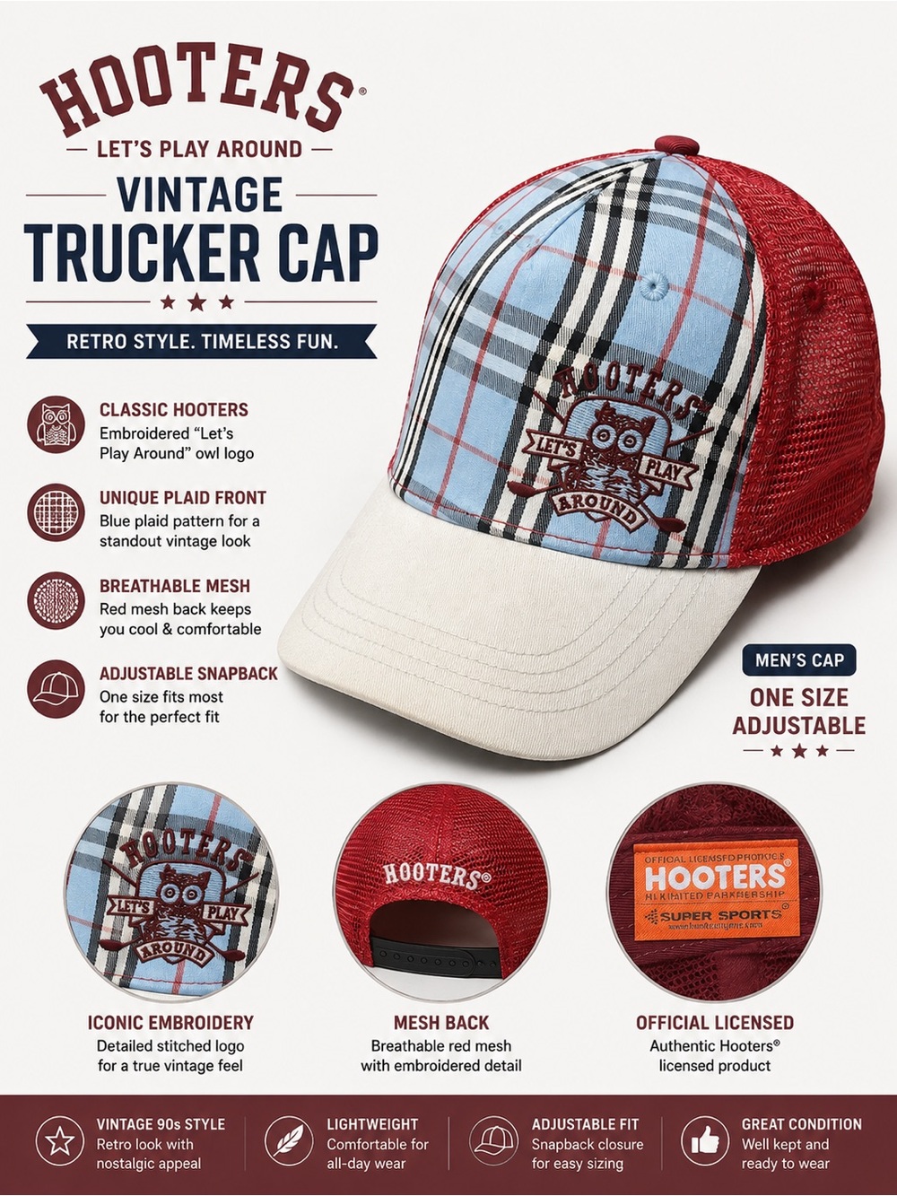 Hooters “Let’s Play Around” Trucker Cap Retro Plaid Snapback Hat